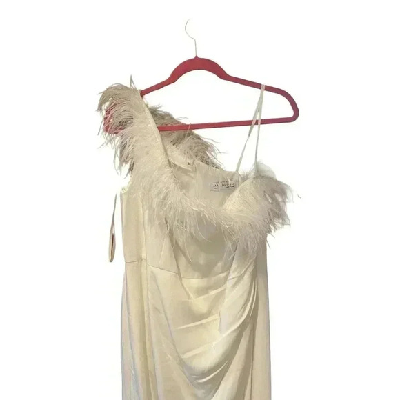 NEW Mac Duggal White Feather Trim One-Shoulder Cocktail Midi Dress Size 12 $298 - Picture 5 of 8